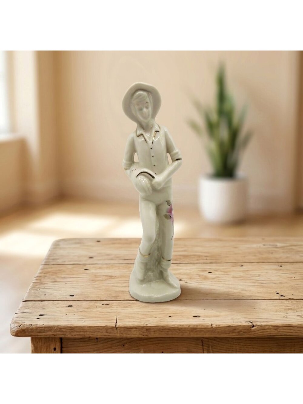 Capodimonte Country Farm Boy Figurine Floral Gold Trim Italy Vintage 8"